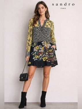 Sandro Floral Patchwork Mini Dress Yellow Black Long Sleeve Boho Size 2